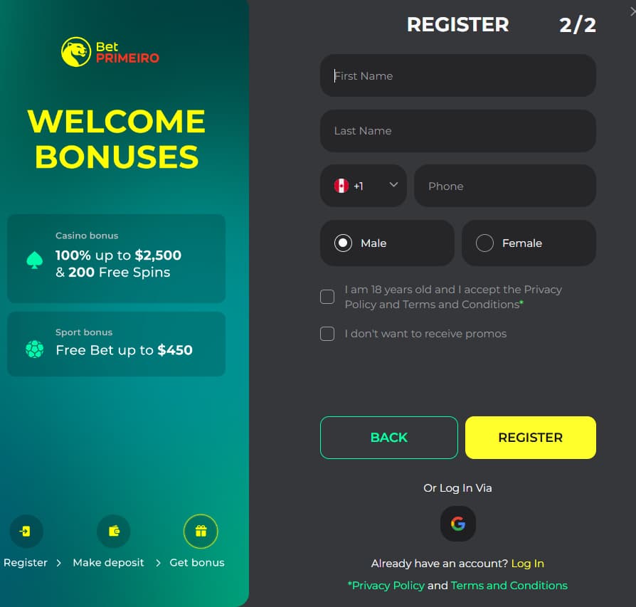 Betprimeiro Casino registration